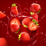 1-2 Taste IFF - Sweet Strawberry Fragrance displayed as fresh whole and halved strawberries splashing in red liquid