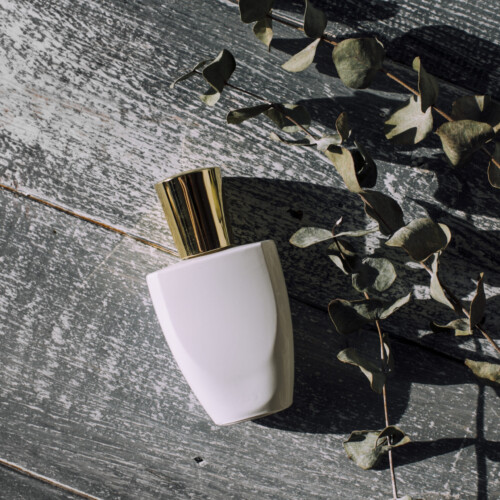 1-2 Taste IFF - Challenger Fragrance displayed as a sleek white perfume bottle with a gold cap on a rustic wooden surface with dried eucalyptus leaves