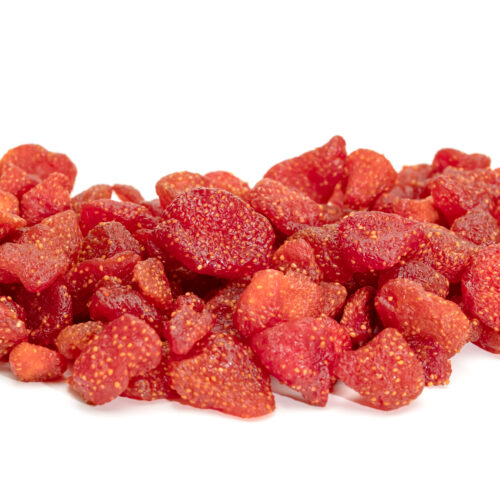 1-2 Taste Habit - Strawberry Dried displayed as pile of dried strawberry pieces showcasing a rich red color and textured surface, isolated on a white background