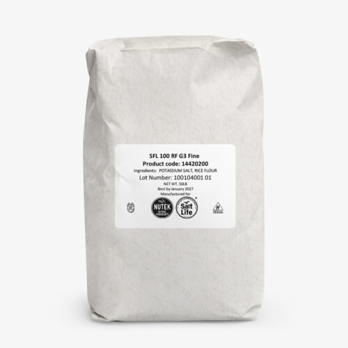 1-2 Taste NuTek Natural Ingredients - Salt for Life 100 RF G3 Fine - 14420 in a white pack with printed label and product details