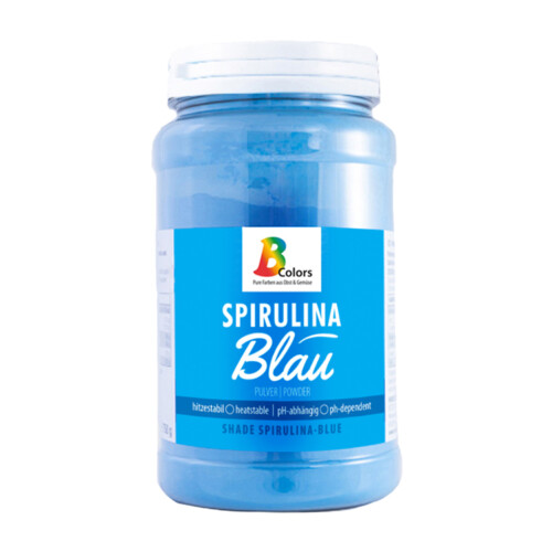 1-2 Taste BColors - Spirulina Blue Natural Food Colour Powder shown in a labeled plastic jar with white lid on white background