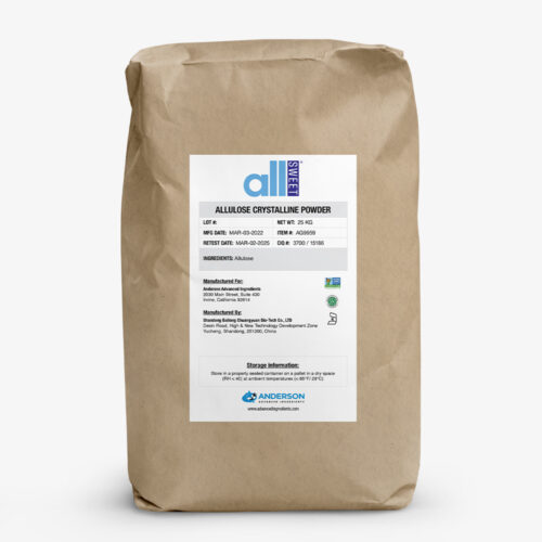 Brown kraft paper bag of AllSWEET Allulose Crystalline Powder with printed label and product details