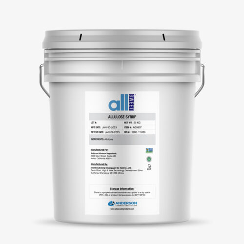 White pail of AllSWEET Allulose Syrup with printed label and product details