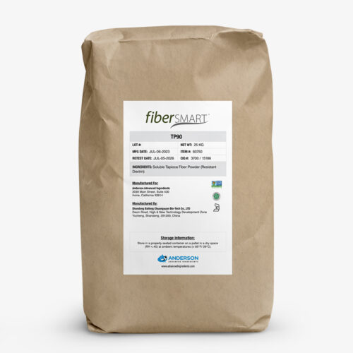Brown kraft paper bag of FiberSMART Tapioca Powder 90% with printed label and product details