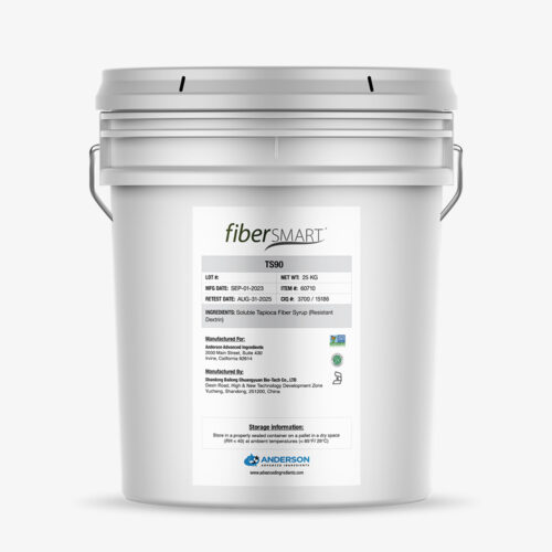 White pail of FiberSMART Tapioca Syrup 90% with printed label and product details