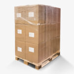 Pallet of NutriLeads Benicaros® SF P cartons shrink-wrapped with white shipping labels and packing list