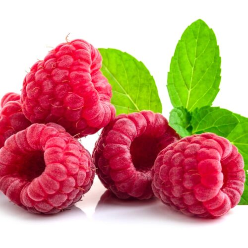 1-2 Taste Aroma INC - Natural Raspberry Flavour Liquid - O20204 shown as fresh ripe raspberries with green mint leaves on a white background