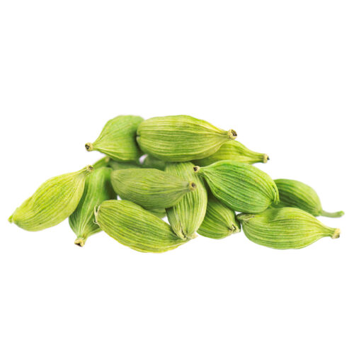 1-2 Taste Venuss Herbo Aromatics – High Purity Natural Cardamom Oil represented by whole green cardamom pods on a white background
