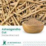 1-2 Taste JK Botanicals - Ashwagandha Root cut 0.5 to 2 mm shown as dried granules in wooden bowl with fresh root and leaves beside