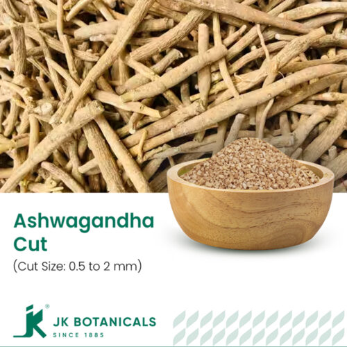 1-2 Taste JK Botanicals - Ashwagandha Root cut 0.5 to 2 mm shown as dried granules in wooden bowl with fresh root and leaves beside