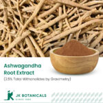 1-2 Taste JK Botanicals - Ashwagandha Root Extract 2.5% Total Withanolides by Gravimetry in wooden bowl, with roots and leaves beside