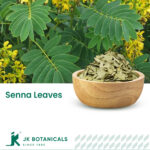1-2 Taste JK Botanicals - Senna leaves in wooden bowl with loose senna leaf pieces beside
