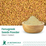 1-2 Taste JK Botanicals - Fenugreek seed powder steam treated in wooden bowl with whole fenugreek seeds in wooden scoop beside