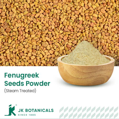 1-2 Taste JK Botanicals - Fenugreek seed powder steam treated in wooden bowl with whole fenugreek seeds in wooden scoop beside