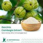 1-2 Taste JK Botanicals - Garcinia Cambogia fruit extract 60% HCA by HPLC (Chromadex Std.) in wooden bowl with sliced garcinia fruit