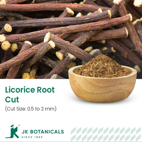 1-2 Taste JK Botanicals - Licorice root cut 0.5 to 2 mm shown as dried root granules in wooden bowl with whole licorice sticks beside