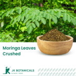 1-2 Taste JK Botanicals - Moringa leaves crushed in wooden bowl with fresh moringa leaves beside
