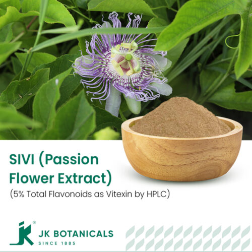 1-2 Taste JK Botanicals – Sivi passion flower extract powder with 5% total flavonoids as vitexin by HPLC in wooden bowl with passion flower