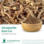 1-2 Taste JK Botanicals - Sarsaparilla root cut - 2-7MM shown as dried root granules in wooden bowl with raw root slices beside