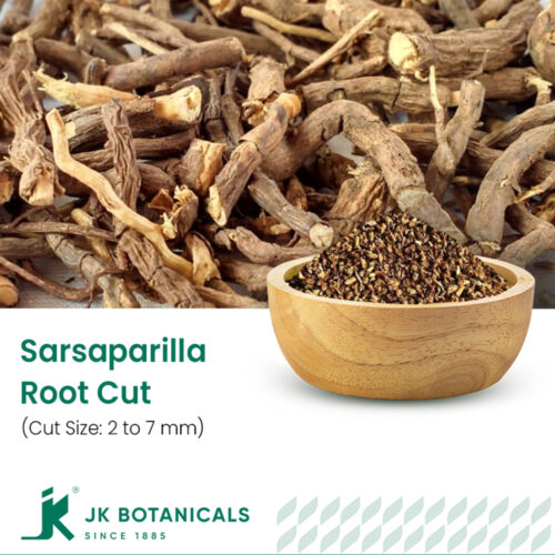1-2 Taste JK Botanicals - Sarsaparilla root cut - 2-7MM shown as dried root granules in wooden bowl with raw root slices beside