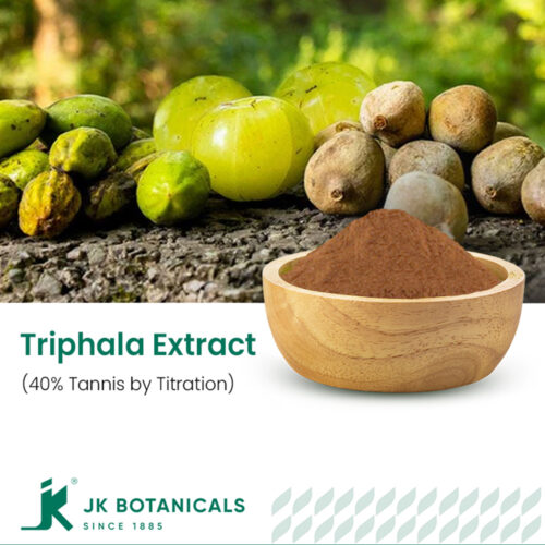 1-2 Taste JK Botanicals - Triphala fruits extract 40% tannis by titration in wooden bowl with dried amla, haritaki, and bibhitaki fruits