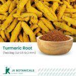 1-2 Taste JK Botanicals - Turmeric root tbc 0.5 to 2 mm in wooden bowl with dried turmeric rhizomes beside