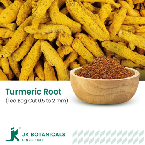 1-2 Taste JK Botanicals - Turmeric root tbc 0.5 to 2 mm in wooden bowl with dried turmeric rhizomes beside