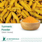 1-2 Taste JK Botanicals - Turmeric root powder steam treated in wooden bowl with fresh turmeric rhizome and leaves
