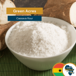 1-2 Taste Profound - Cassava Flour displayed as fine white flour in a bowl with cassava roots in the background, featuring the Organic Africa Pavilion logo and Ghana flag