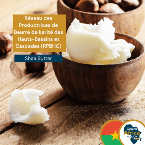 1-2 Taste Profound - Organic Shea Butter shown as creamy white shea butter in a wooden bowl, with whole shea nuts in the background and the Organic Africa Pavilion logo with Burkina Faso flag