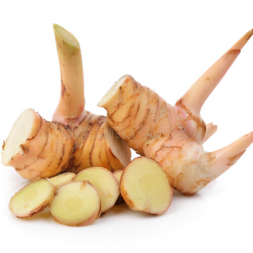 1-2 Taste Aroma INC - Natural Galanga Extract - O20222 shown as Fresh galangal root with sliced pieces on a white background