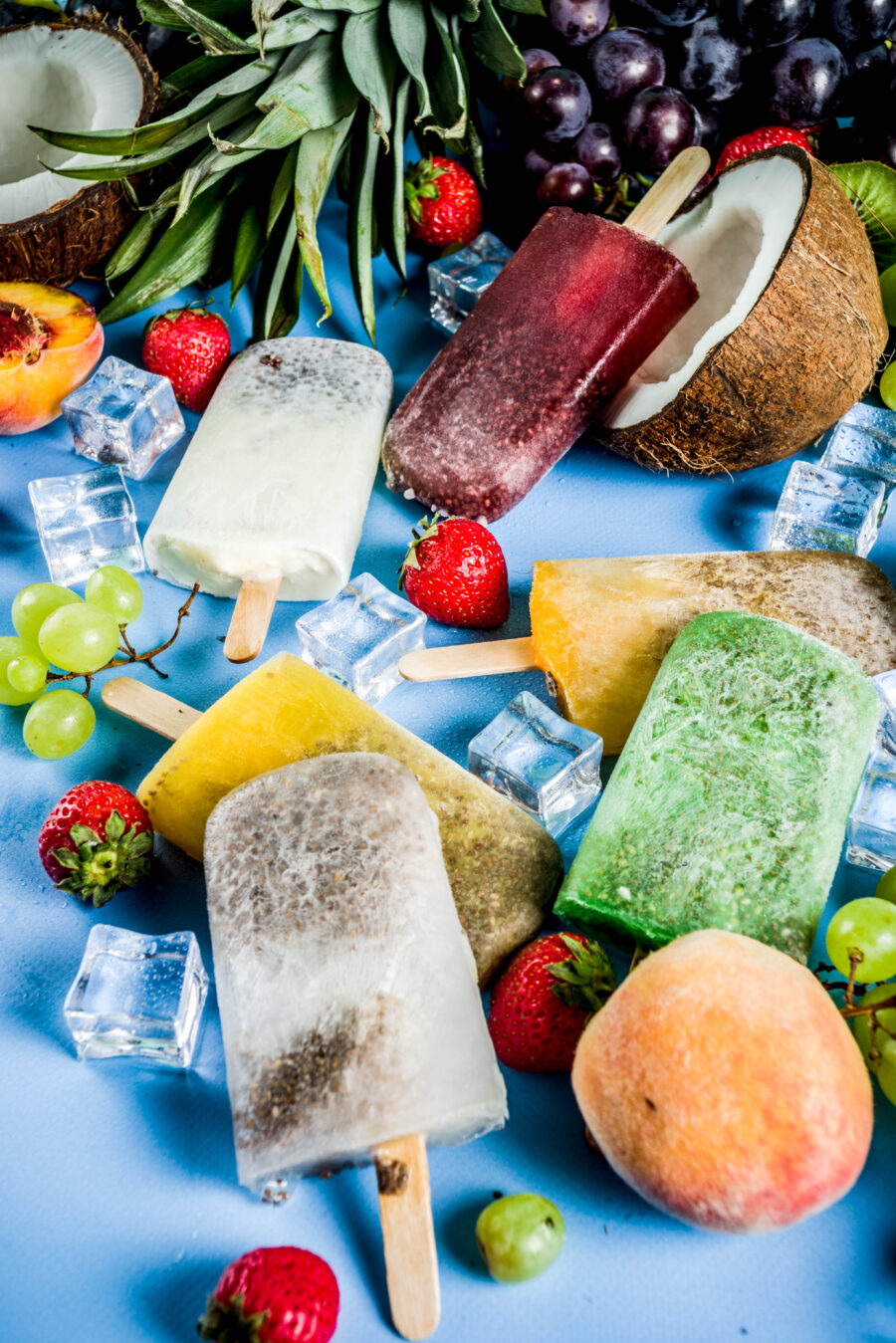 tropical ice cream popsicles with chia seeds fruit juices pineapple orange mango banana kiwi coconut grapes peach strawberry scaled