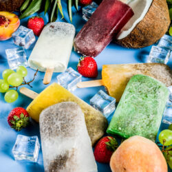 tropical ice cream popsicles with chia seeds fruit juices pineapple orange mango banana kiwi coconut grapes peach strawberry scaled