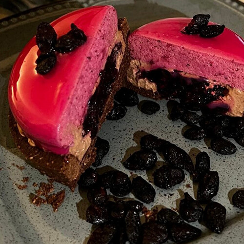 Nutracevit - Organic Haskap Berry Dried (Lonicera caerulea) - DOHB as Sliced berry dessert topped with organic dried haskap berries (Lonicera caerulea) on plate
