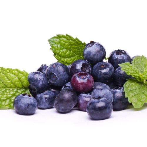 1-2 Taste Aroma INC - Blueberry Flavour Liquid - O21201 shown as Fresh ripe blueberries with mint leaves on a white background