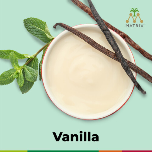 1-2 Taste Matrix - Vanilla Cream Flavour - 3200408 in bowl with vanilla beans and mint leaves on pastel background