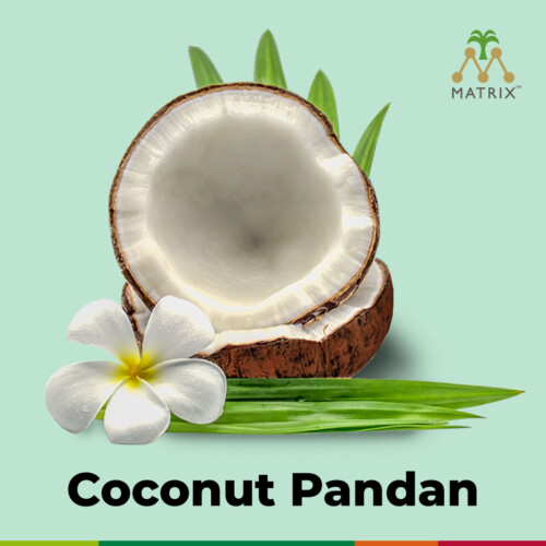 1-2 Taste Matrix - Coconut Pandan Flavour - 3151808 shown as fresh coconut halves with pandan leaves and frangipani flower on pastel background