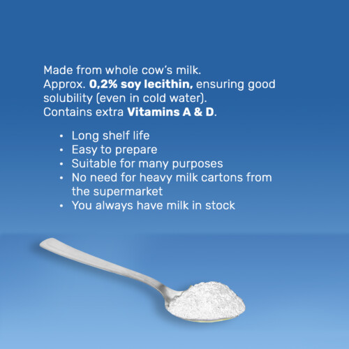 Best Way Ingredients - Full Cream Milk Powder Instant shown as Spoonful of milk powder with benefits listed: made from whole cow’s milk, contains soy lecithin, added Vitamins A & D, long shelf life, and easy preparation