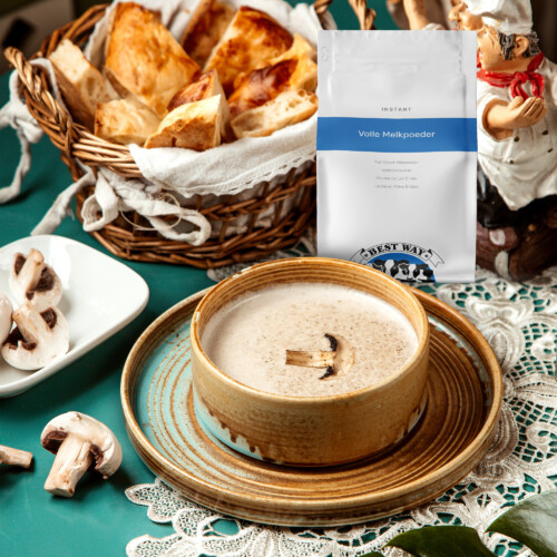 Best Way Ingredients - Full Cream Milk Powder – Product pouch displayed with creamy mushroom soup, fresh bread basket, and sliced mushrooms on a decorative dining setup