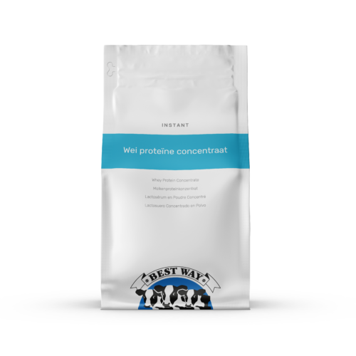 1-2 Taste Best Way Ingredients - Whey Protein Concentrate (80%) shown as a white pouch with sky blue label and product details on plain background
