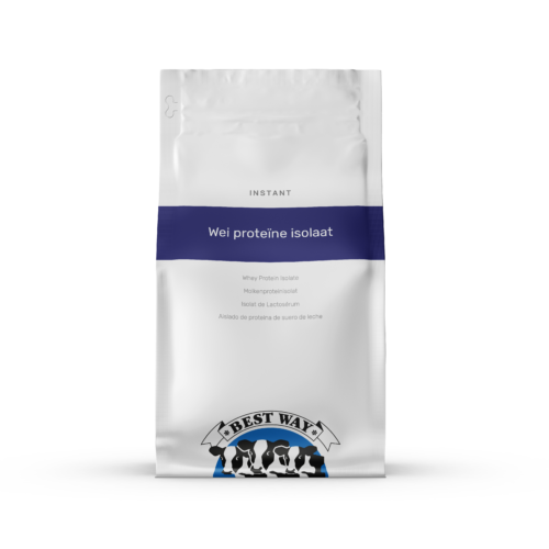 1-2 Taste Best Way Ingredients - Whey Protein Isolate shown as white pouch with label and product details on a plain background