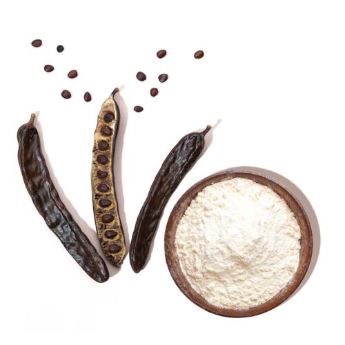 1-2 Taste Sarda Bio Polymers – LBG Carcol 25A Locust Bean Gum powder with carob pods and seeds on white background