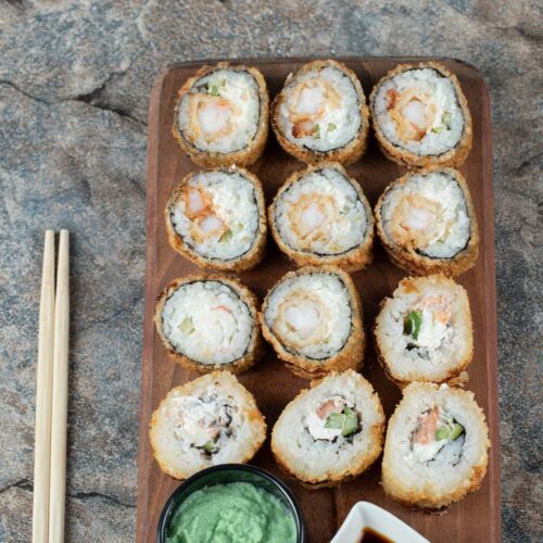 1-2 Taste Trigona - Cream Cheese for Sushi displayed on wooden platter with wasabi and soy sauce