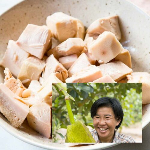 1-2 Taste Trigona - Young Jackfruit cut into cubes in bowl, farmer harvesting jackfruit in background