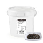1-2 Taste Trufo - Airdried Summer Truffle 2-4mm packed in a white 1000g container with product label, shown with a sample of dried truffle flakes in a white dish