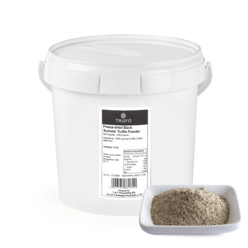 1-2 Taste Trufo - Freeze Dried Truffle Powder packaged in a white container with product label, displayed alongside a small white dish filled with fine beige truffle powder