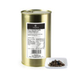 1-2 Taste Trufo - Black Summer Truffle Cubes - 5x5x5 packaged in a gold tin with product label, accompanied by a white dish showing uniformly diced truffle cubes