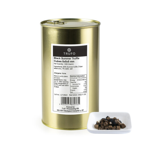 1-2 Taste Trufo - Black Summer Truffle Cubes - 5x5x5 packaged in a gold tin with product label, accompanied by a white dish showing uniformly diced truffle cubes
