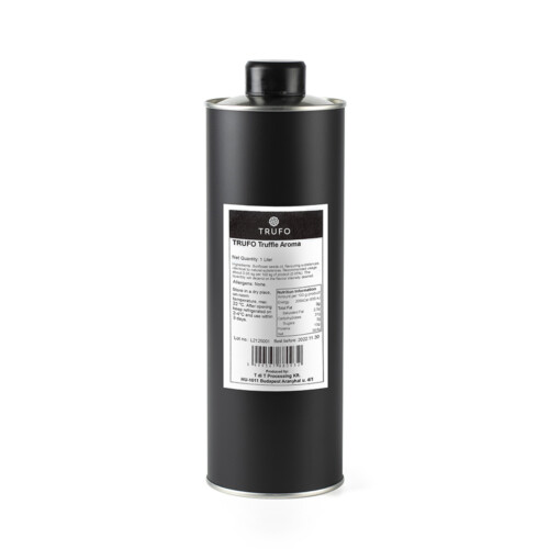 1-2 Taste Trufo - Industrial Aroma shown in a sleek black 1-litre cylindrical metal container with detailed product label on the front