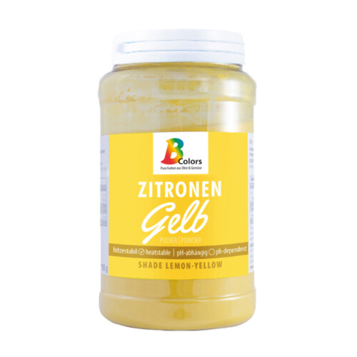 1-2 Taste BColors - Lemon Yellow Natural Food Colour Powder shown in a labeled plastic jar with white lid on white background